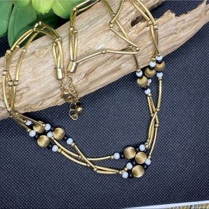 VTG Gold Tone Triple Strand Tube & Bead Necklace